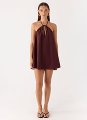 Soft Breeze Linen Mini Dress - Chocolate