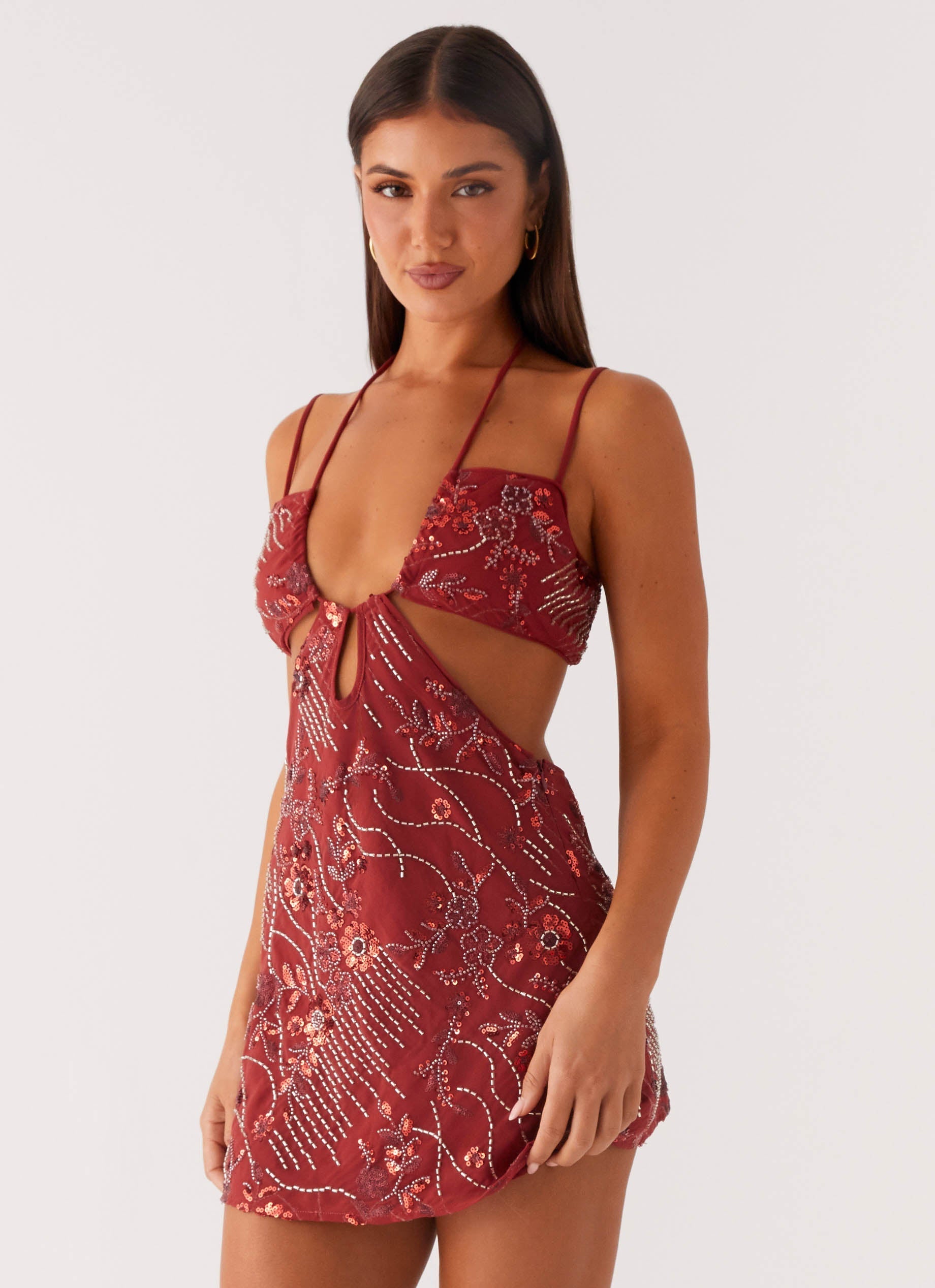Sahara Nights Beaded Mini Dress - Rust
