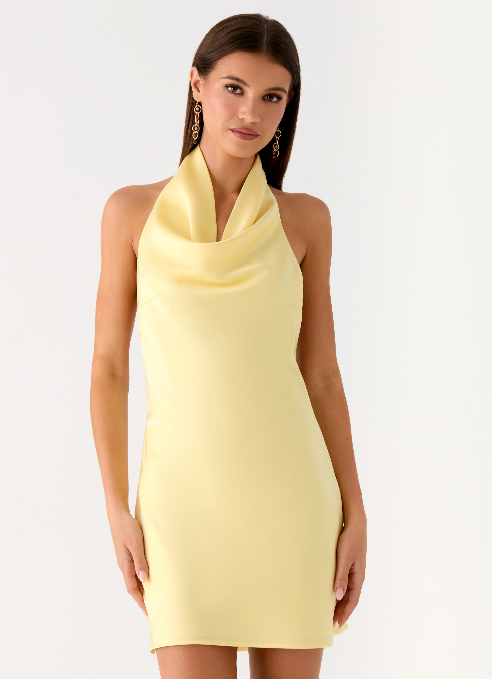 Soft Focus Cowl Neck Mini Dress - Yellow